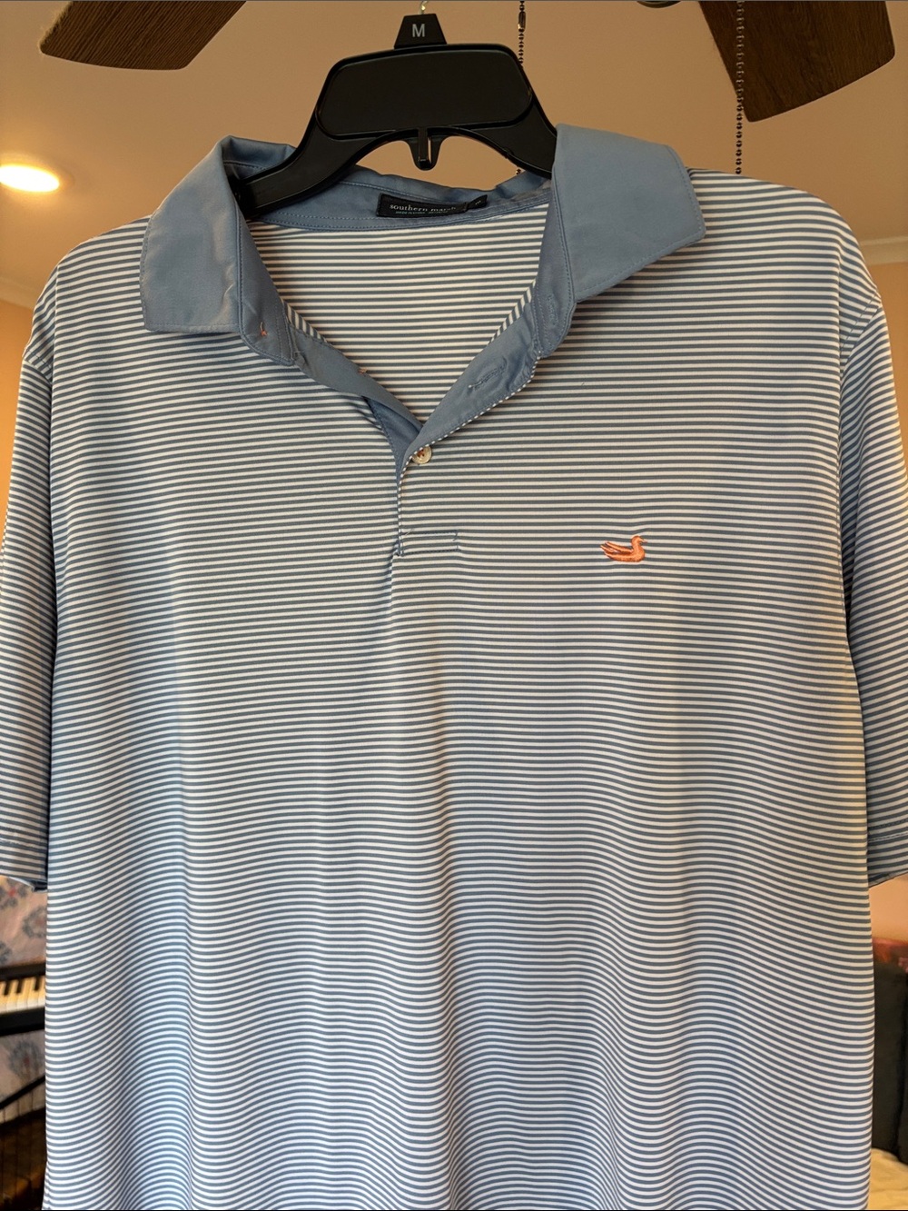 Southern Marsh Light Blue and White Striped Polo with Blue Collar